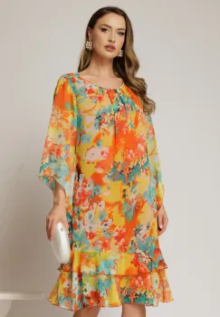 Rochie midi eleganta din voalcu imprimeuri oranj, croi lejer si volanase la baza imagine