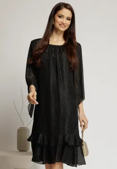 Rochie midi eleganta neagra cu fir lurex din voal cu croi lejer si volanase la baza imagine