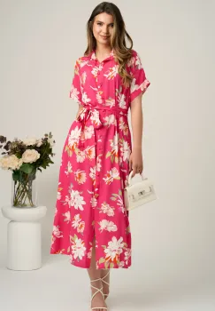 Rochie midi fucsia cu flori albe din viscoza in clini cu nasturi si cordon in talie imagine