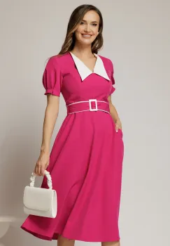 Rochie midi fucsia cu guler alb in contrast si cordon cu insertii imagine