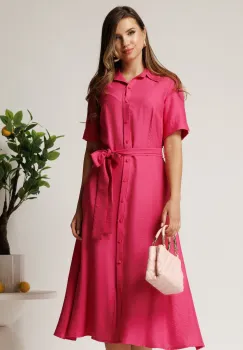 Rochie midi fucsia din bumbac in clos cu cordon in talie imagine