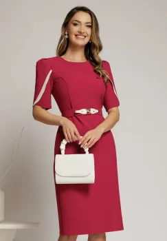 Rochie midi fucsia din stofa cu croi conic si detalii ivory la maneci imagine