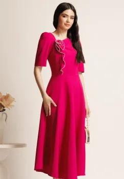 Rochie midi fucsia din stofa in clos cu floare si margelute- LaDonna imagine