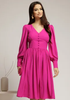 Rochie midi fucsia din voal plin cu nasturi pe bust imagine
