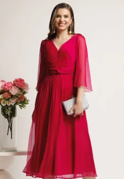 Rochie midi fucsia in din matase naturala cu maneci evazate- Leonard Collection imagine