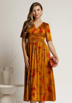 Rochie midi galben mustar din satin cu talie marcata imagine