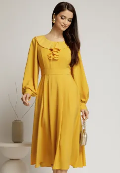 Rochie midi galben mustar din voal plin cu volanase la bust imagine