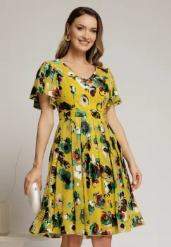 Rochie midi galbena cu imprimeu din voal cu decolteu in V si pliuri pe fusta imagine