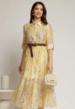 Rochie midi galbena cu imprimeuri din tencel imagine