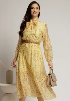 Rochie midi galbena din tencel cu buline si funda la decolteu imagine