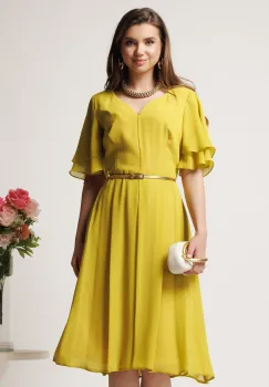 Rochie midi galbena din voal in clos cu volane la maneci si curea in talie imagine