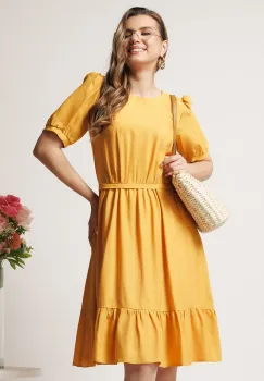 Rochie midi galbena in clos din viscoza cu volan la baza- Moze imagine