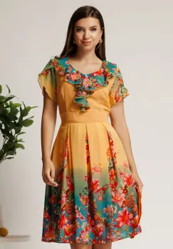 Rochie midi galbena si turcoaz in degradee din voal in clos cu imprimeu floral roz imagine