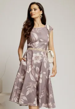 Rochie midi gri cu flori bej in clos cu buzunare si curea in talie imagine