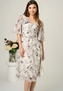 Rochie midi gri din voal cu imprimeuri si floare maxi pe bust- Viada imagine
