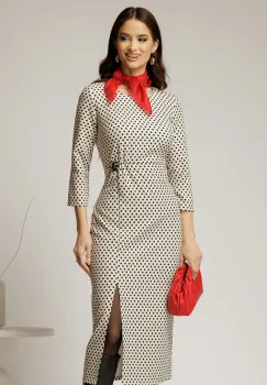 Rochie midi ivoar cu buline negre si detaliu pe talie imagine