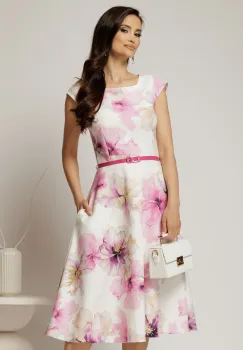 Rochie midi ivoar cu flori fucsia in clos cu buzunare si curea in talie imagine