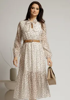 Rochie midi ivoar din tencel cu buline si funda la decolteu imagine