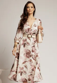 Rochie midi ivoar din voal usor satinat cu imprimeuri si decolteu petrecut imagine