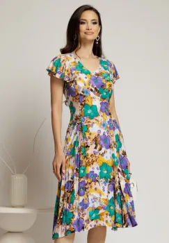 Rochie midi ivoar in clini cu imprimeuri florale mov din viscoza imagine