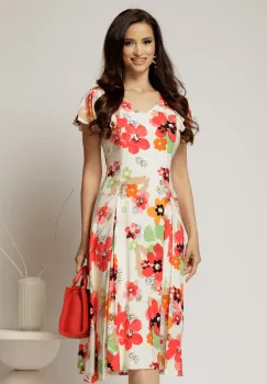 Rochie midi ivoar in clini cu imprimeuri florale rosii din viscoza imagine