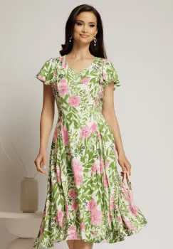 Rochie midi ivoar in clini cu imprimeuri florale verzi si roz din viscoza imagine