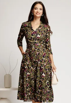 Rochie midi kaki din crep cu imprimeu magenta si cordon in talie imagine