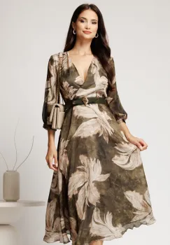 Rochie midi kaki din voal in clos cu imprimeu bej si curea in talie imagine