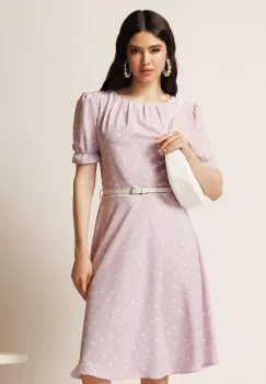 Rochie midi lila din viscoza in clos cu buline si curea in talie imagine