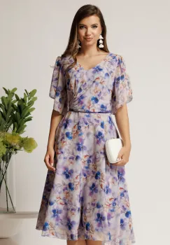 Rochie midi lila din voal in clos cu imprimeuri albastre imagine