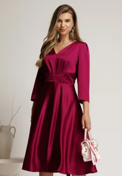 Rochie midi magenta din satin in clos cu talie marcata imagine
