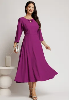 Rochie midi magenta din viscoza in clos cu funda si decupaj la decolteu imagine