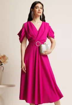 Rochie midi magenta din voal in clos cu decupaje la umeri si cordon in talie- LaDonna imagine