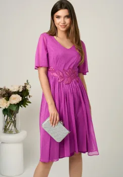 Rochie midi magenta din voal in clos cu glitter si broderie in talie imagine