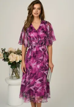 Rochie midi magenta din voal in clos cu imprimeuri si maneci vaporoase imagine