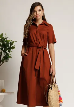 Rochie midi maro din bumbac in clos cu cordon in talie imagine