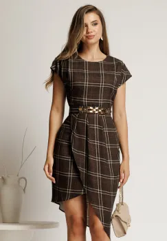 Rochie midi maro din jerse cu carouri si curea in talie imagine