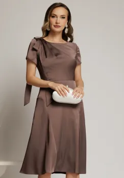 Rochie midi maro din satin cu funda pe umar si fusta clos imagine