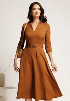 Rochie midi maro din stofa cu cordon in talie imagine