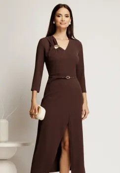 Rochie midi maro din triplu voal cu croi conic si curea in talie imagine