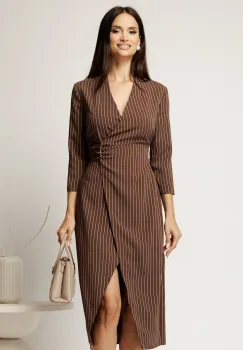 Rochie midi maro petrecuta cu dungi albe si catarama in talie imagine