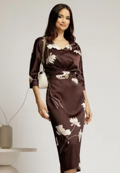Rochie midi maro satinata cu imprimeu si decolteu in V imagine