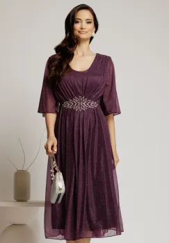 Rochie midi mov de ocazie din voal cu sclipici si accesoriu talie imagine