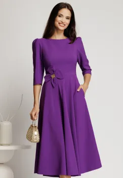 Rochie midi mov din stofa in clos cu floare in talie imagine