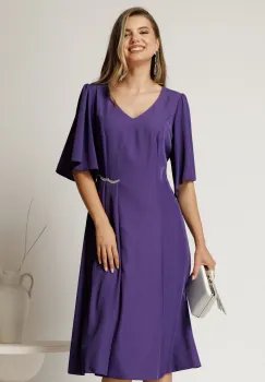 Rochie midi mov din voal cu croi in clini si strasuri in talie imagine