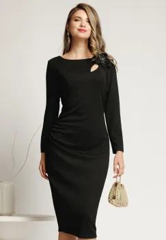 Rochie midi neagra conica din lurex cu decupaj si floare la bust imagine