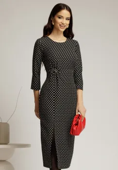 Rochie midi neagra cu buline albe si detaliu pe talie imagine