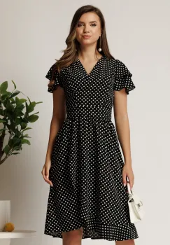 Rochie midi neagra cu buline din triplu voal in clos cu volane la maneci imagine