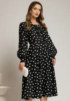 Rochie midi neagra cu buline din voal plin cu volanase la bust imagine