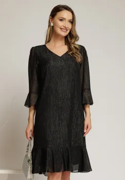 Rochie midi neagra cu fir lurex, croi lejer si volanase la fusta imagine